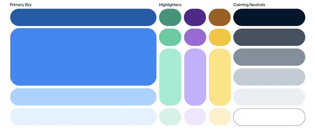 Farbpalette des neuen GMX-Designs: große blaue Hauptfarbe mit Abstufungen, Akzentfarben in Grün, Violett und Gelb sowie Neutraltöne von Dunkelblau bis Weiß