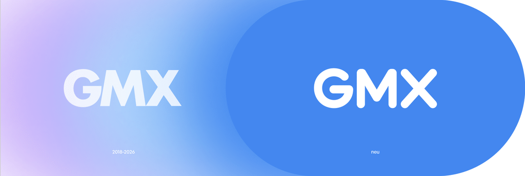 Altes GMX-Logo (2018–2026) mit kantigem Schriftzug neben dem neuen, runderen GMX-Logo in Weiß auf blauer Fläche